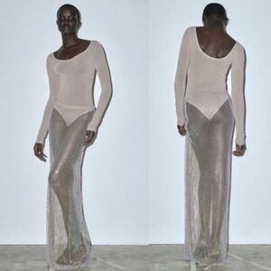 NWT Zara Shimmer Mesh Gold Maxi Skirt Sz S